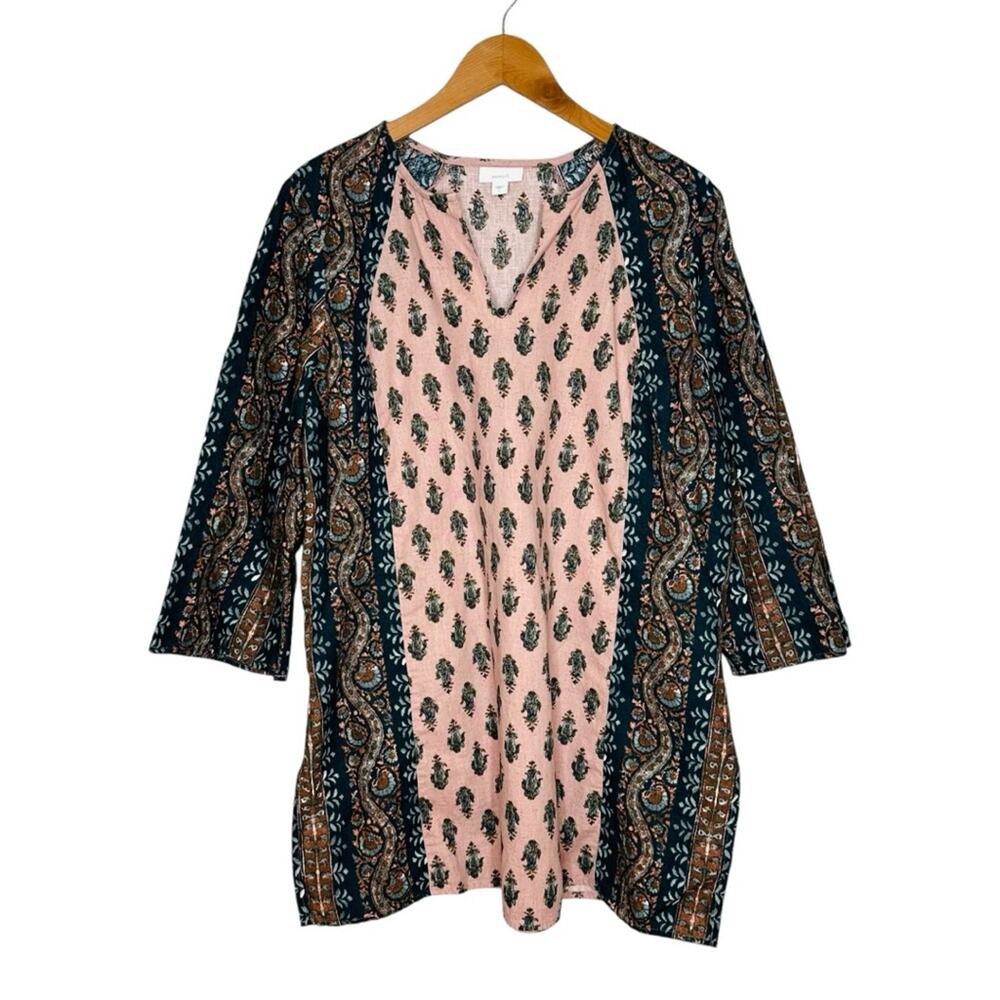 Pure Jill Tapestry Print Tunic Top Size Large Pastel Pink Brown Cotton and Linen